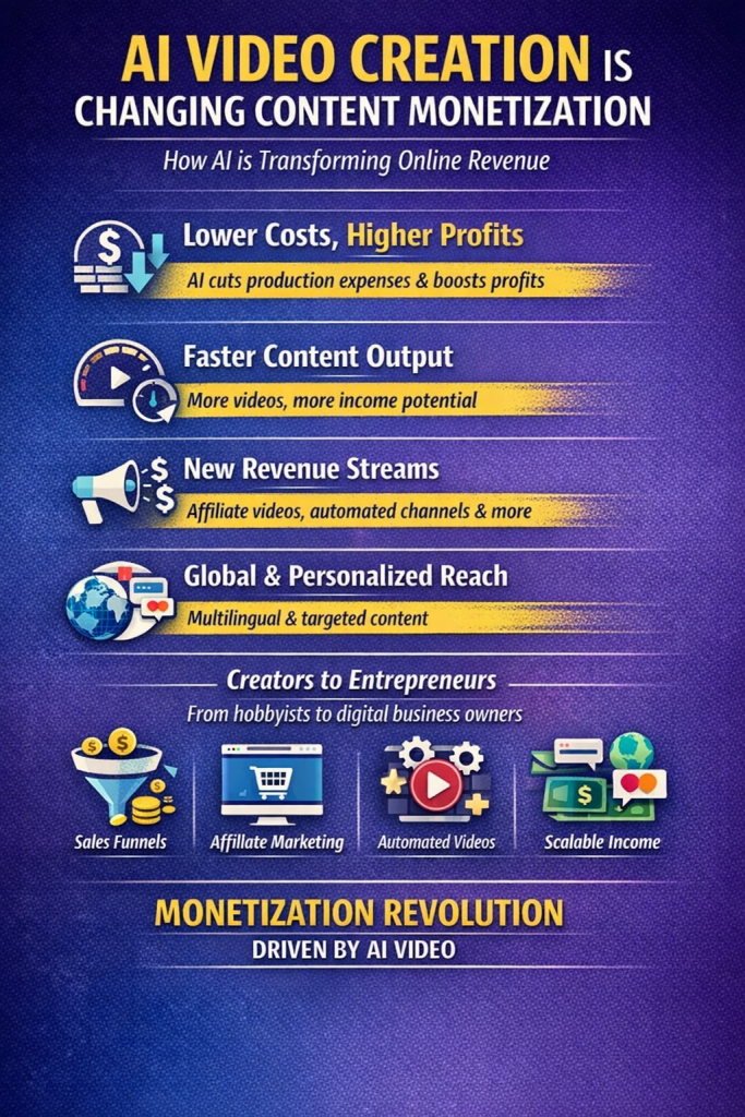 AI video creation, content monetization, AI video marketing, automated video production, AI content strategy, monetizing AI videos, online income with AI, AI video business,ai infographic